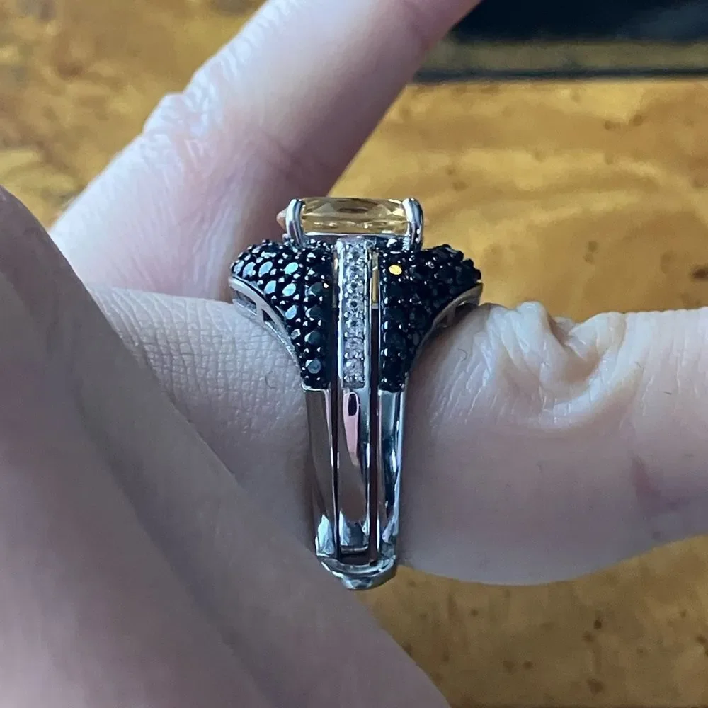 Natural Brazilian Citrine Black Spinel Ring Set Size 6